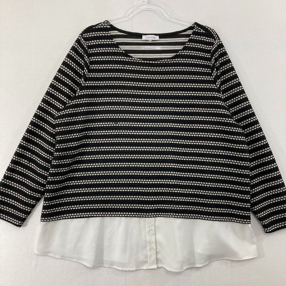 Calvin Klein Top size 2X‎ Black White Striped Mixed Media Preppy Office Popover